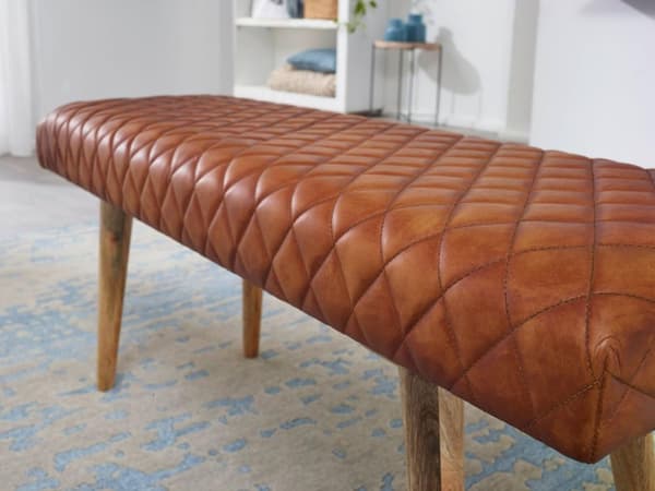 Rootz bänk äkta läder - massivt trä bänk 115x53x38 cm - 2 sits klädd bänk hall matsal brun - Liten läder sängbänk Hall möbel hall bänk