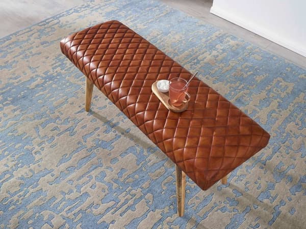 Rootz bänk äkta läder - massivt trä bänk 115x53x38 cm - 2 sits klädd bänk hall matsal brun - Liten läder sängbänk Hall möbel hall bänk