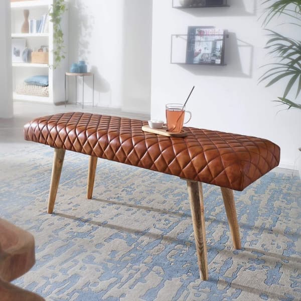 Rootz bänk äkta läder - massivt trä bänk 115x53x38 cm - 2 sits klädd bänk hall matsal brun - Liten läder sängbänk Hall möbel hall bänk