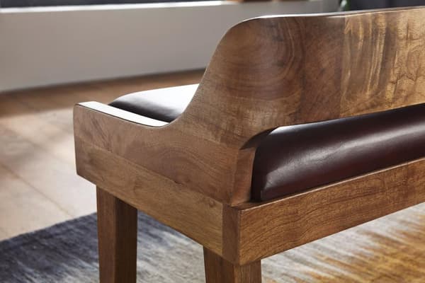 Rootz bänk äkta läder - massiv träbänk 108x63x43 cm - Klädd bänk med ryggstöd Bänk hall sovrum brun - Liten sängbänk i läder