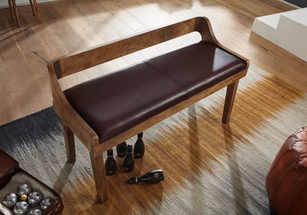 Rootz bänk äkta läder - massiv träbänk 108x63x43 cm - Klädd bänk med ryggstöd Bänk hall sovrum brun - Liten sängbänk i läder