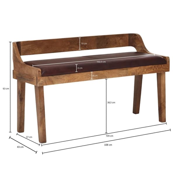 Rootz bänk äkta läder - massiv träbänk 108x63x43 cm - Klädd bänk med ryggstöd Bänk hall sovrum brun - Liten sängbänk i läder