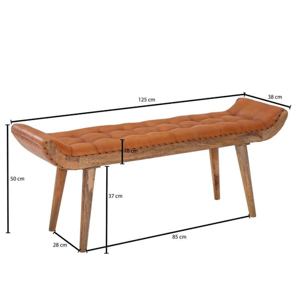 Rootz bänk äkta läder - massivt trä bänk brun 125x50x38 cm Chesterfield - Design stoppad bänk hall - Läder bänk säng bänk 2 personer - Modern hall bän