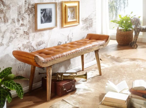 Rootz bänk äkta läder - massivt trä bänk brun 125x50x38 cm Chesterfield - Design stoppad bänk hall - Läder bänk säng bänk 2 personer - Modern hall bän