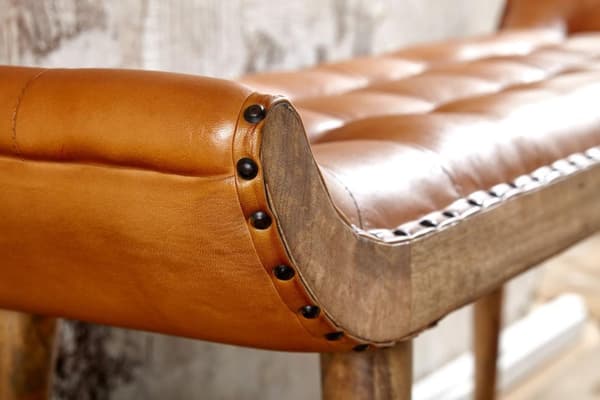 Rootz bänk äkta läder - massivt trä bänk brun 125x50x38 cm Chesterfield - Design stoppad bänk hall - Läder bänk säng bänk 2 personer - Modern hall bän