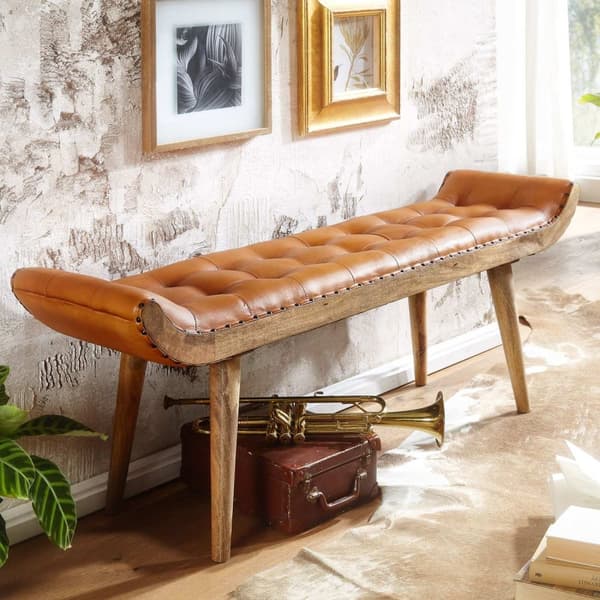 Rootz bänk äkta läder - massivt trä bänk brun 125x50x38 cm Chesterfield - Design stoppad bänk hall - Läder bänk säng bänk 2 personer - Modern hall bän