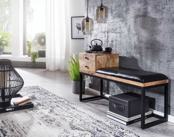 Rootz bänk getskinn - massivträ bänk 100x60x35 cm i retrostil - Hall klädd bänk metall med förvaringsutrymme - Vadderat läder bänk förvaring svart - L