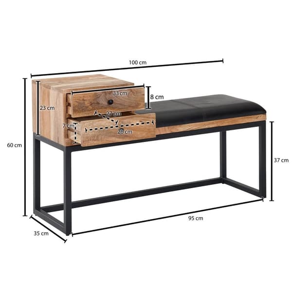 Rootz bänk getskinn - massivträ bänk 100x60x35 cm i retrostil - Hall klädd bänk metall med förvaringsutrymme - Vadderat läder bänk förvaring svart - L