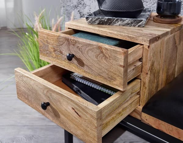Rootz bänk getskinn - massivträ bänk 100x60x35 cm i retrostil - Hall klädd bänk metall med förvaringsutrymme - Vadderat läder bänk förvaring svart - L