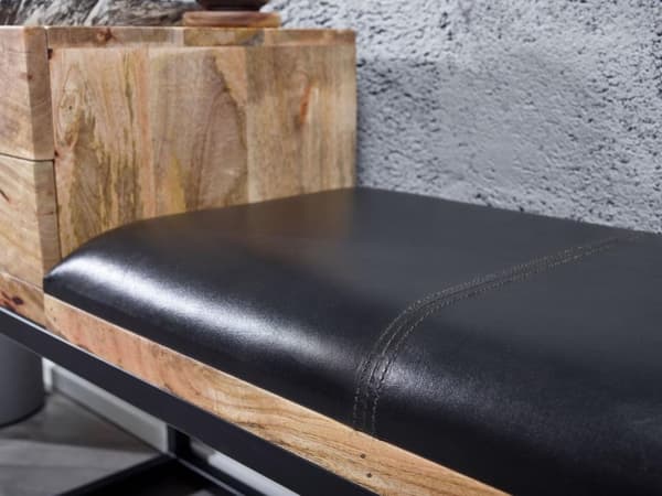 Rootz bänk getskinn - massivträ bänk 100x60x35 cm i retrostil - Hall klädd bänk metall med förvaringsutrymme - Vadderat läder bänk förvaring svart - L