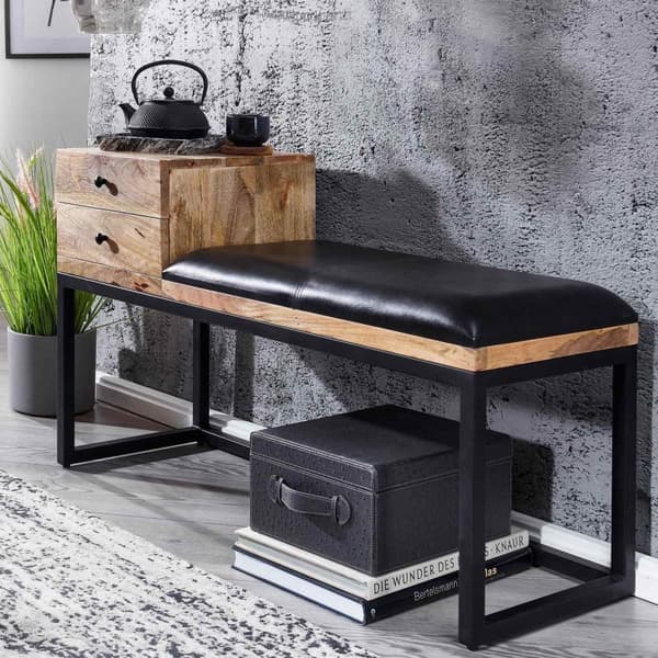 Rootz bänk getskinn - massivträ bänk 100x60x35 cm i retrostil - Hall klädd bänk metall med förvaringsutrymme - Vadderat läder bänk förvaring svart - L