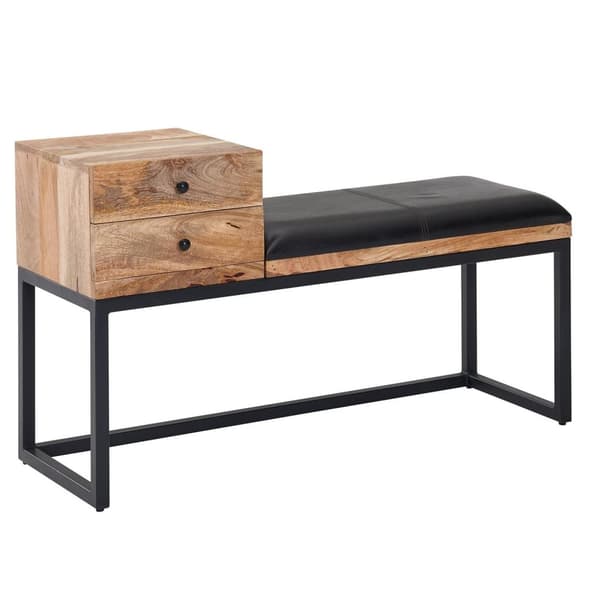 Rootz bänk getskinn - massivträ bänk 100x60x35 cm i retrostil - Hall klädd bänk metall med förvaringsutrymme - Vadderat läder bänk förvaring svart - L