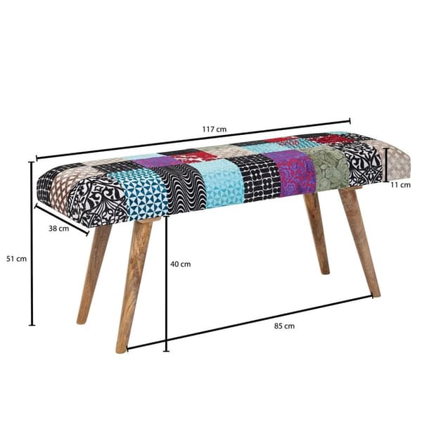 Rootz penkki sametti - massiivipuinen penkki monivärinen 117x51x38 cm sängynpenkki tilkkutyö - Design verhoiltu penkki käytävällä moderni - Pehmustett