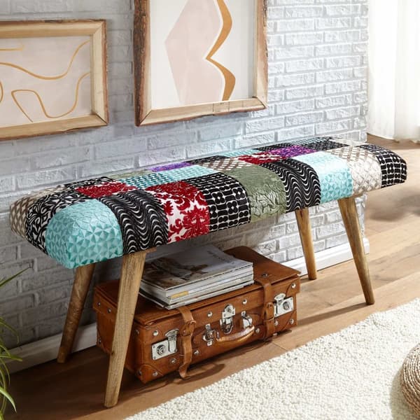 Rootz penkki sametti - massiivipuinen penkki monivärinen 117x51x38 cm sängynpenkki tilkkutyö - Design verhoiltu penkki käytävällä moderni - Pehmustett