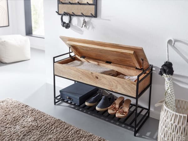 Rootz bænk med opbevaringsplads 90x52x38 cm massivt mangotræ - metal korridor bænk brun - Sko bænk med sæde Lille - Smal garderobe bænk med skohylde