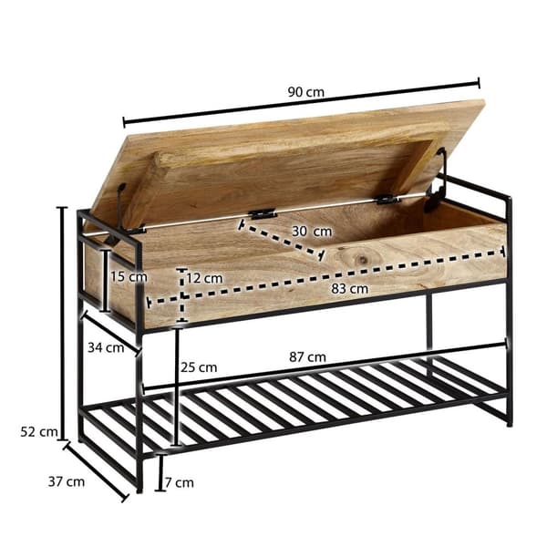 Rootz bænk med opbevaringsplads 90x52x38 cm massivt mangotræ - metal korridor bænk brun - Sko bænk med sæde Lille - Smal garderobe bænk med skohylde