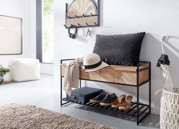 Rootz bænk med opbevaringsplads 90x52x38 cm massivt mangotræ - metal korridor bænk brun - Sko bænk med sæde Lille - Smal garderobe bænk med skohylde
