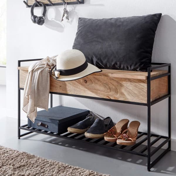 Rootz bænk med opbevaringsplads 90x52x38 cm massivt mangotræ - metal korridor bænk brun - Sko bænk med sæde Lille - Smal garderobe bænk med skohylde