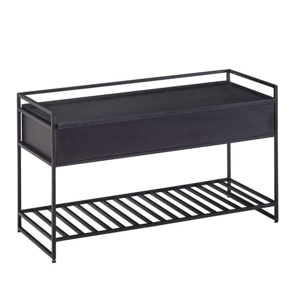 Rootz bänk med förvaringsutrymme 90x52x38 cm mango massivt trä - metall korridorsbänk svart - Skobänk med sits Liten - Smal garderobsbänk med skoställ