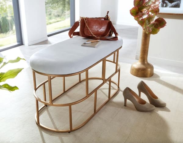 Rootz bänk sammet vit - guld 90x46x38 cm hall stoppad bänk med metallram - Design sängbänk sovrum - Hall bänk, garderobsbänk, modern