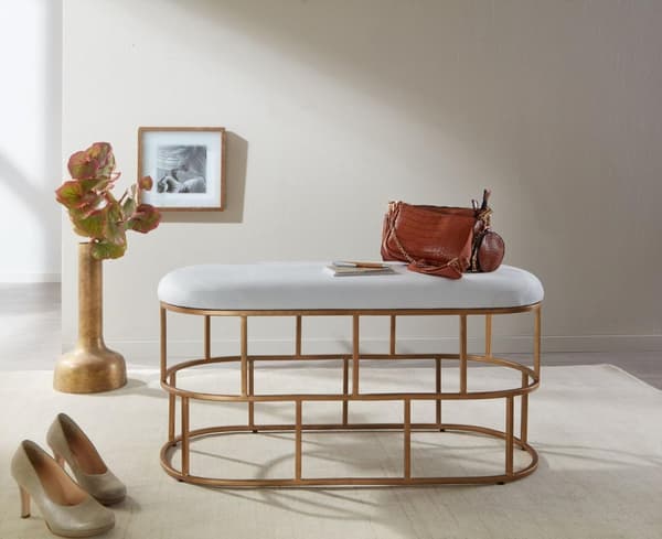 Rootz bänk sammet vit - guld 90x46x38 cm hall stoppad bänk med metallram - Design sängbänk sovrum - Hall bänk, garderobsbänk, modern