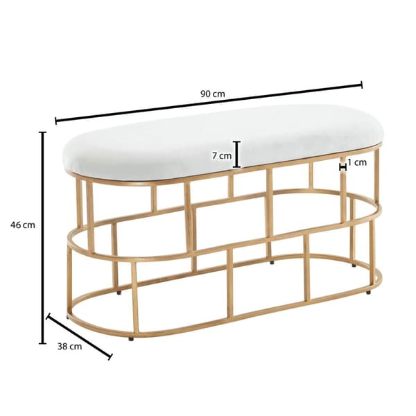 Rootz bänk sammet vit - guld 90x46x38 cm hall stoppad bänk med metallram - Design sängbänk sovrum - Hall bänk, garderobsbänk, modern