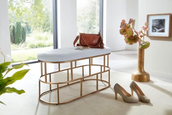 Rootz bänk sammet vit - guld 90x46x38 cm hall stoppad bänk med metallram - Design sängbänk sovrum - Hall bänk, garderobsbänk, modern