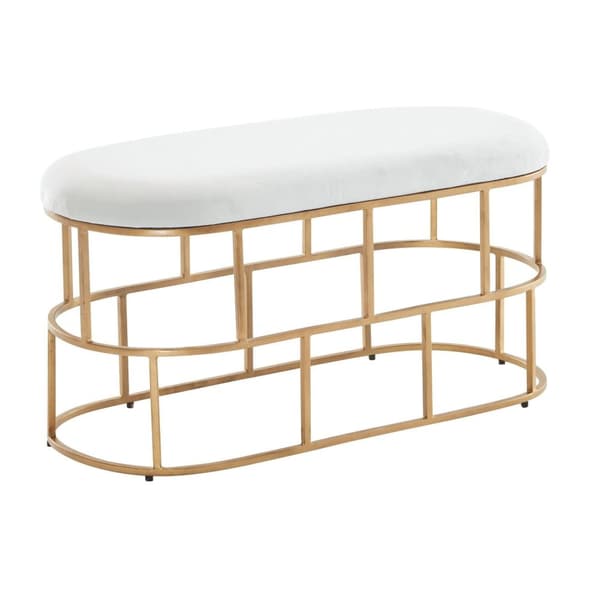 Rootz bänk sammet vit - guld 90x46x38 cm hall stoppad bänk med metallram - Design sängbänk sovrum - Hall bänk, garderobsbänk, modern