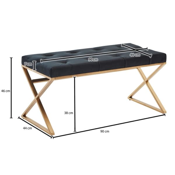 Rootz bänk sammet svart 90x46x44 cm hall klädd bänk med metallram - Sängbänk Sovrum Chesterfield Design - Hallbänk, garderobsbänk, modern