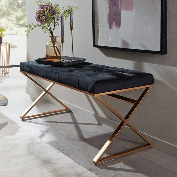 Rootz bänk sammet svart 90x46x44 cm hall klädd bänk med metallram - Sängbänk Sovrum Chesterfield Design - Hallbänk, garderobsbänk, modern