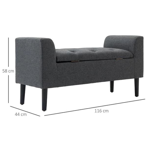 Rootz Bänk - Bänk med förvaringsutrymme - Klädd bänk - Pall - Bröst - Linne Touch - Gummiträ - Mörkgrå - 116 x 44 x 58 cm