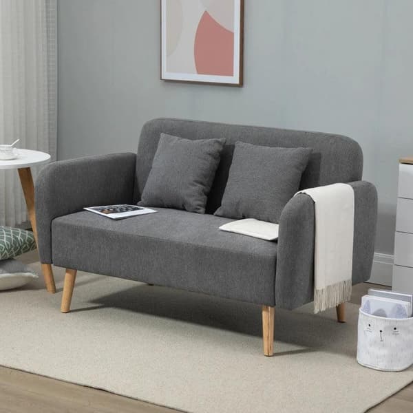 Rootz Dubbelsoffa - Klädsel med kuddar - Kompakt design - Tvåsits - Justerbar höjd på fotstöden - Sammetslen polyester - Gummiträ - Skum - Grå + Natur