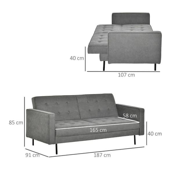 Rootz-vuodesohva - 3-istuttava vuodesohva - Puuvillakangas - MDF - Vaahtomuovi - Koti - Olohuone - Harmaa - 187 cm x 91 cm x 85 cm