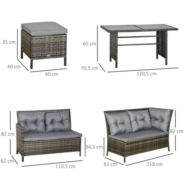 Rootz 6-delat Sittset - Trädgårdsset - Soffset - Trädgårdsmöbler Set Lounge - Polyrattan - Grå - 110.5L x 62W x 82H cm