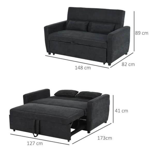 Rootz Bäddsoffa - Hopfällbar soffa - 2-sits Tyg soffa - Soffa med sovfunktion - Justerbar vinkel - Svart - 148 x 82 x 89 cm