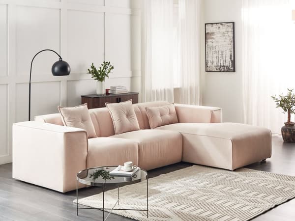 Venstre Hjørnesofa Beige 3-seter Kordfløyel Polstring Ekstra Spredte Puter Moderne Stil