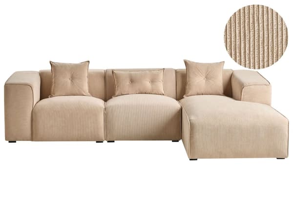 Venstre Hjørnesofa Beige 3-seter Kordfløyel Polstring Ekstra Spredte Puter Moderne Stil