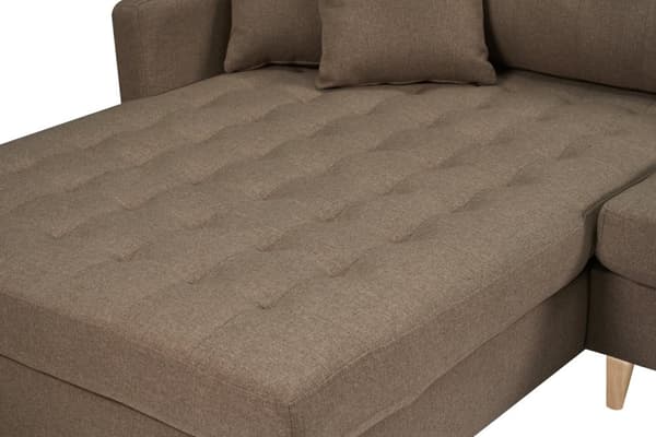 Marino Deluxe schäslongsoffa höger eller vänster med kuddar tyg brun.