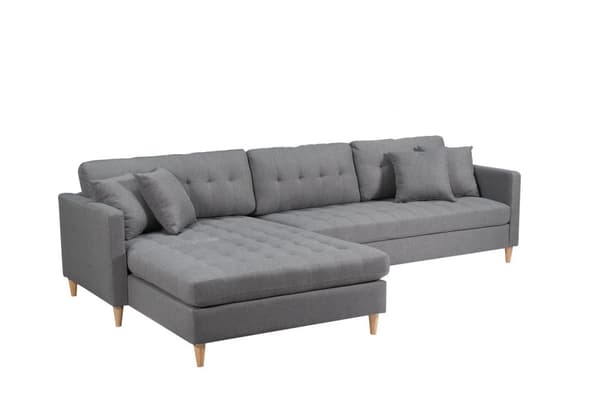 Marino Deluxe schäslongsoffa höger eller vänster med kuddar tyg grå.