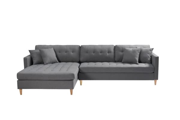 Marino Deluxe schäslongsoffa höger eller vänster med kuddar tyg grå.