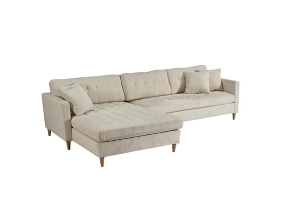 Marino Deluxe schäslongsoffa höger eller vänster med kuddar sammet sandfärgad.