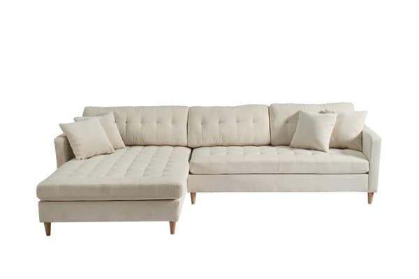 Marino Deluxe schäslongsoffa höger eller vänster med kuddar sammet sandfärgad.