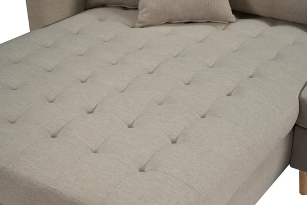Marino Deluxe sjeselongsofa høyre eller venstrevent med puter stoff sandfarget.