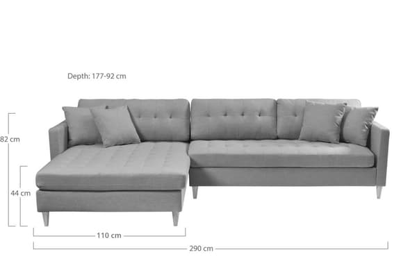 Marino Deluxe sjeselongsofa høyre eller venstrevent med puter stoff sandfarget.