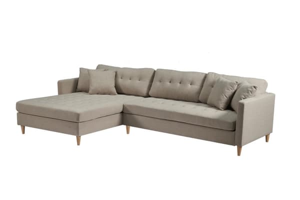 Marino Deluxe sjeselongsofa høyre eller venstrevent med puter stoff sandfarget.