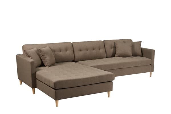 Marino Deluxe sjeselongsofa høyre eller venstrevent med puter stoff brun.