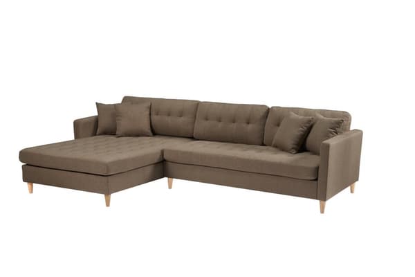 Marino Deluxe sjeselongsofa høyre eller venstrevent med puter stoff brun.