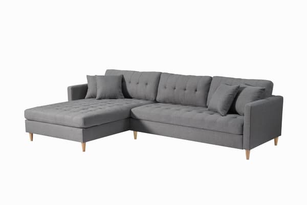 Marino Deluxe sjeselongsofa høyre eller venstrevent med puter stoff grå.