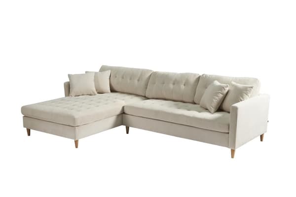 Marino Deluxe sjeselongsofa høyre eller venstrevent med puter fløyel sandfarget.
