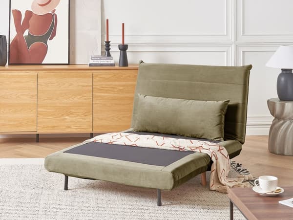 Sammenklappelig 1-personers sofa olivengrøn velour træben sofa med sovefunktion ekstra pude moderne design